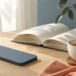 Смартфон лежить екраном донизу поруч із книгою та чашкою чаю