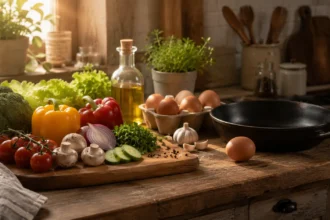 Кухонна стільниця зі свіжими овочами, яйцями та сковородою — прості рецепти