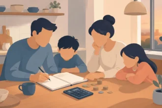 Сім'я складає сімейний бюджет за кухонним столом