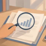 Рука з лупою над документами та графіком — кредитний рейтинг