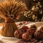 Прикрашений сніп пшениці та писанки на вишитому рушнику — українські традиції