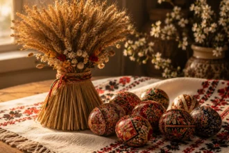 Прикрашений сніп пшениці та писанки на вишитому рушнику — українські традиції