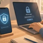 Смартфон зі значком замка та ноутбук з паролем — захист акаунтів