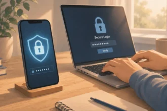 Смартфон зі значком замка та ноутбук з паролем — захист акаунтів