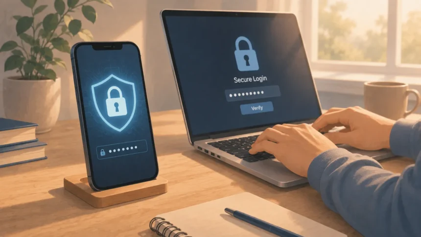 Смартфон зі значком замка та ноутбук з паролем — захист акаунтів